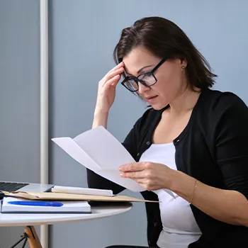 Woman problematic about the documents she's holding