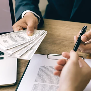 Handing over the money and pen to write signature and giving payment