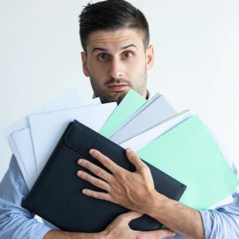 Man holding many documents and files in folder