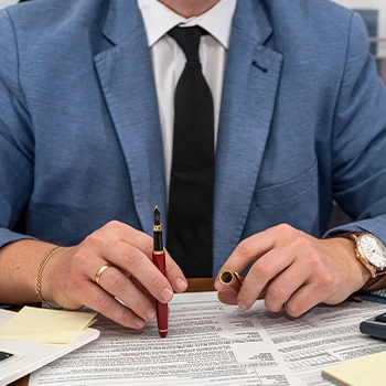 A businessman busy working on a delayed documents