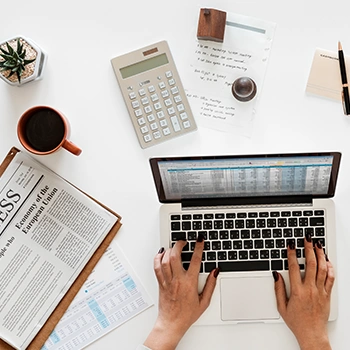 Top view of a person working in his work station