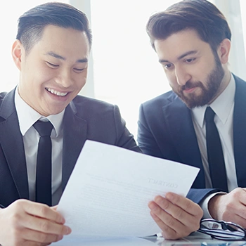 Businessmen looking at a single document