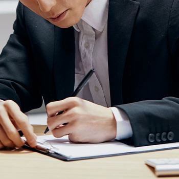 Man in formal attire writing on the document