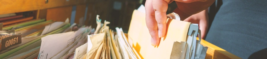 Someone filing papers and folders in a cabinet