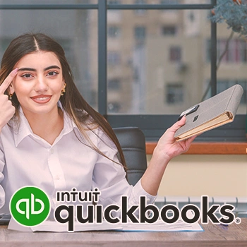 A woman holding a notebook with the quickbooks logo