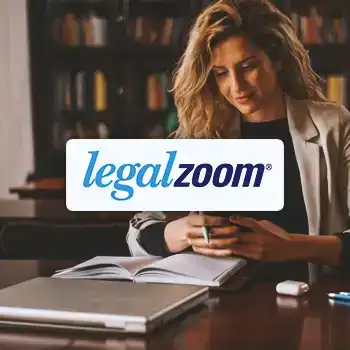 Legalzoom logo with a person doing work in the background in a library