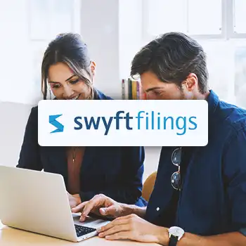 Swyftfilings logo with two office people working in the background