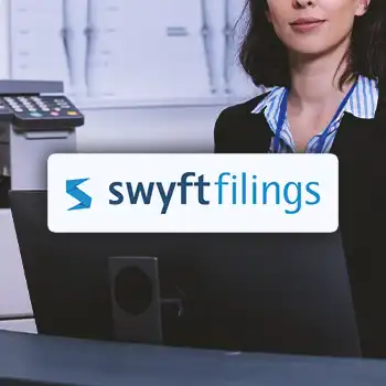 SwyftFilings logo with an office person in the background