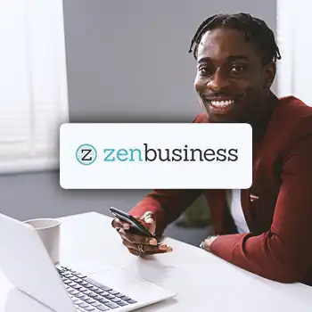 Zenbusiness logo with an office worker in the background