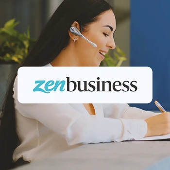 ZenBusiness logo with an office worker in the background doing work