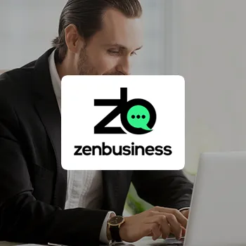 A logo of ZenBusiness with a background of a business man using a laptop