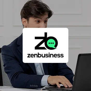 ZenBusiness logo and a young entrepreneur using a laptop in the background