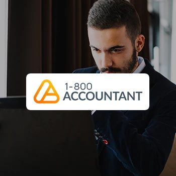 A logo of 1-800Accountant and a thinking business man in the background