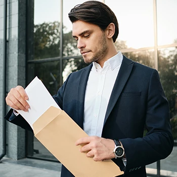 A business man reading some documents from a brown envelope