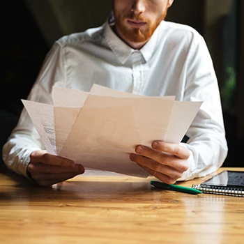 An entrepreneur holding and reading some paper works