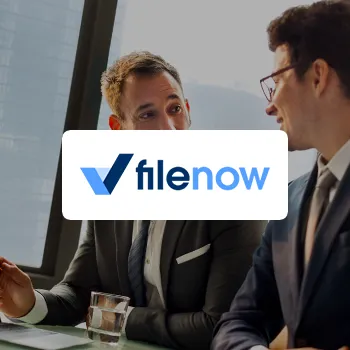 FileNow logo with a background of two business men having a conversation in an office