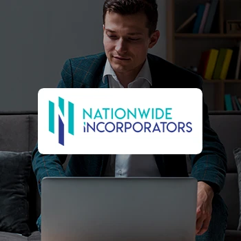 Nationwide Incorporators logo and a young business man sitting on a couch while working