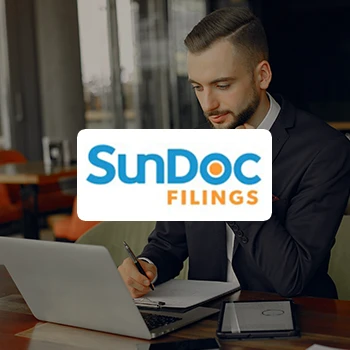 Sundoc Filings logo and a young business man working on a laptop