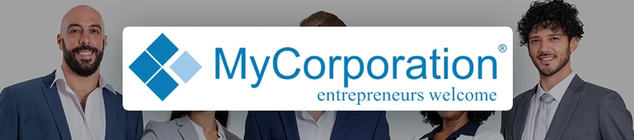 A MyCorporation LLC logo with a background of great business men and women