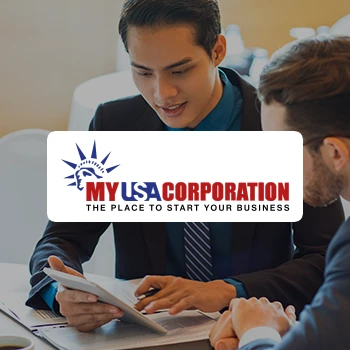 MyUSAcorporation logo and two people talking about business