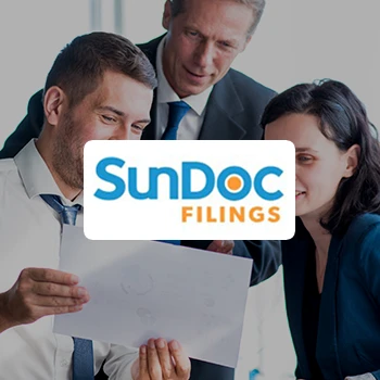 A logo of Sundoc Filings and three people talking about business