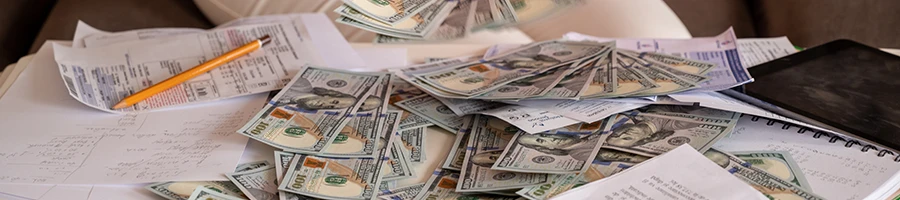 An office table filled with money and office documents