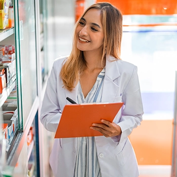 A pharmacist holding an orange clipboard